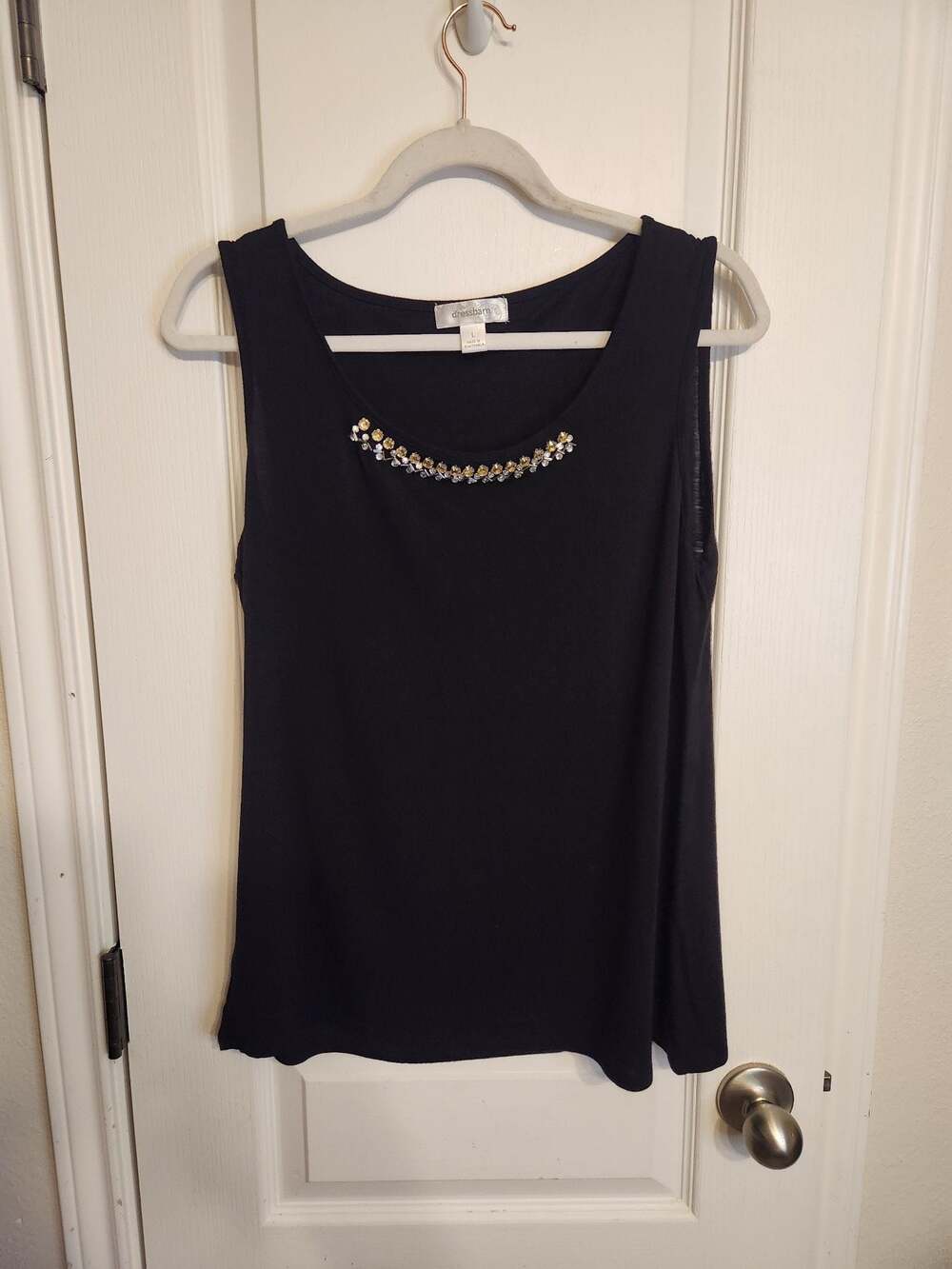 Women's Sleeveless Black Tank Top with Jeweled Neckline Size Large